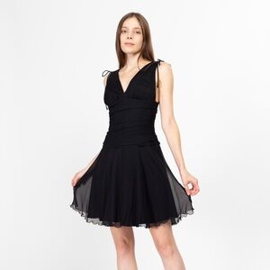 Express Vintage Y2K Black Silk Mini Dress Sleeveless A Line V Neck Lettuce Hem